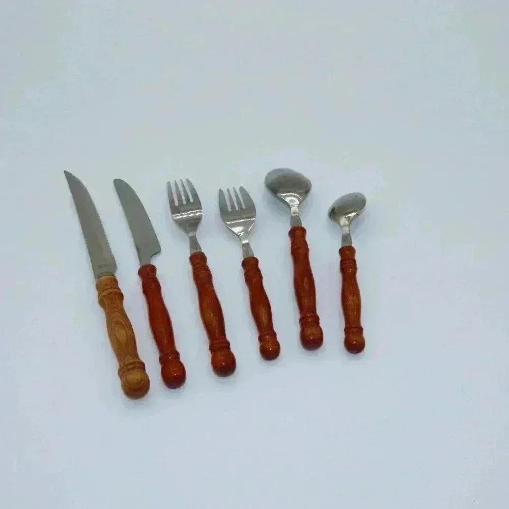 Vintage Wood Handled Flatware set, service for 8, Colonial Style Rustic NIB - Picture 3 of 5